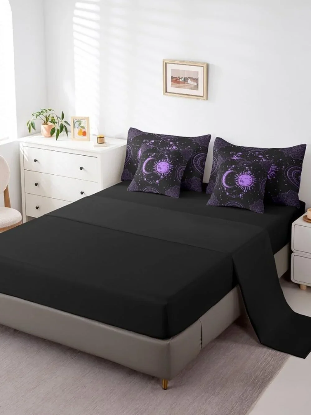 Sun and Moon 7 Piece Bedding Set, Constellation Galaxy Comforter Set Cover for K